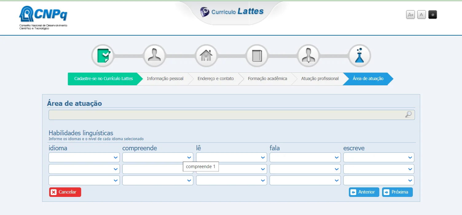 área de atuação plataforma lattes