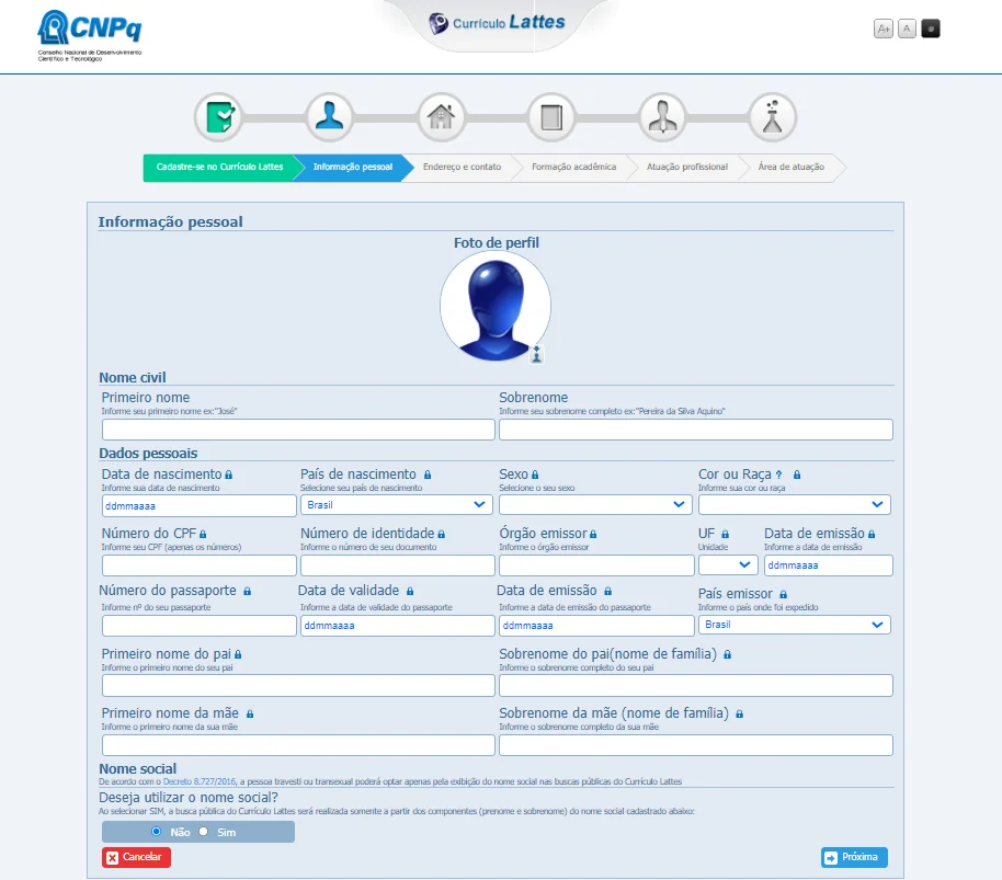 informação pessoal plataforma lattes