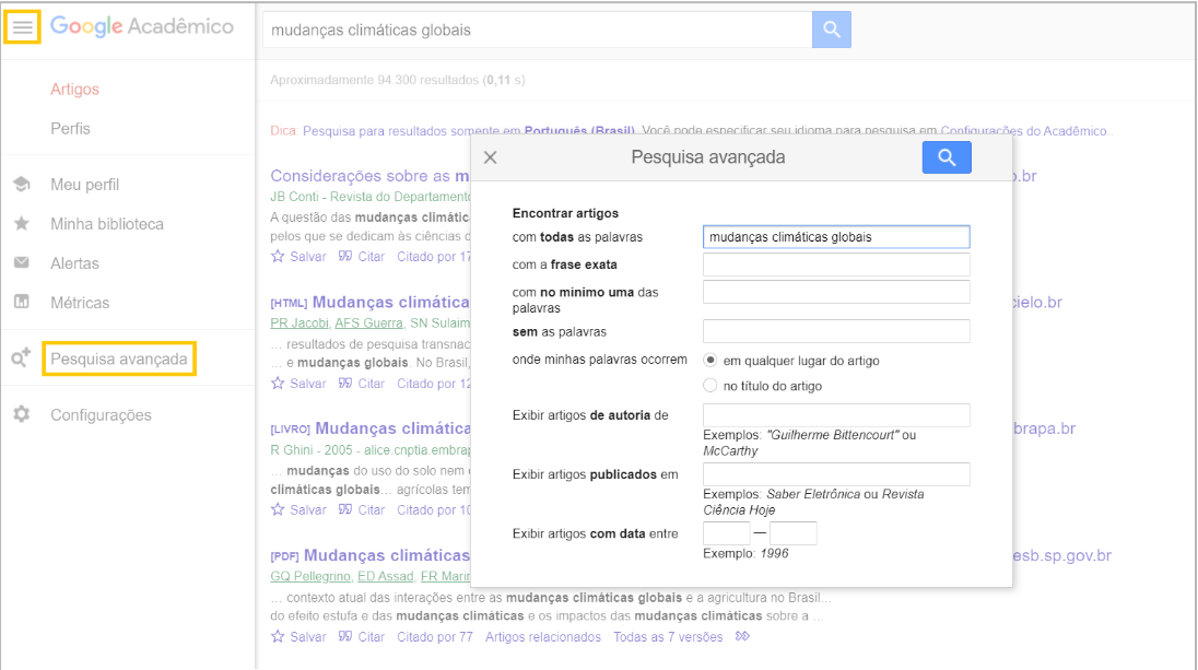 pesquisa avançada google acadêmico